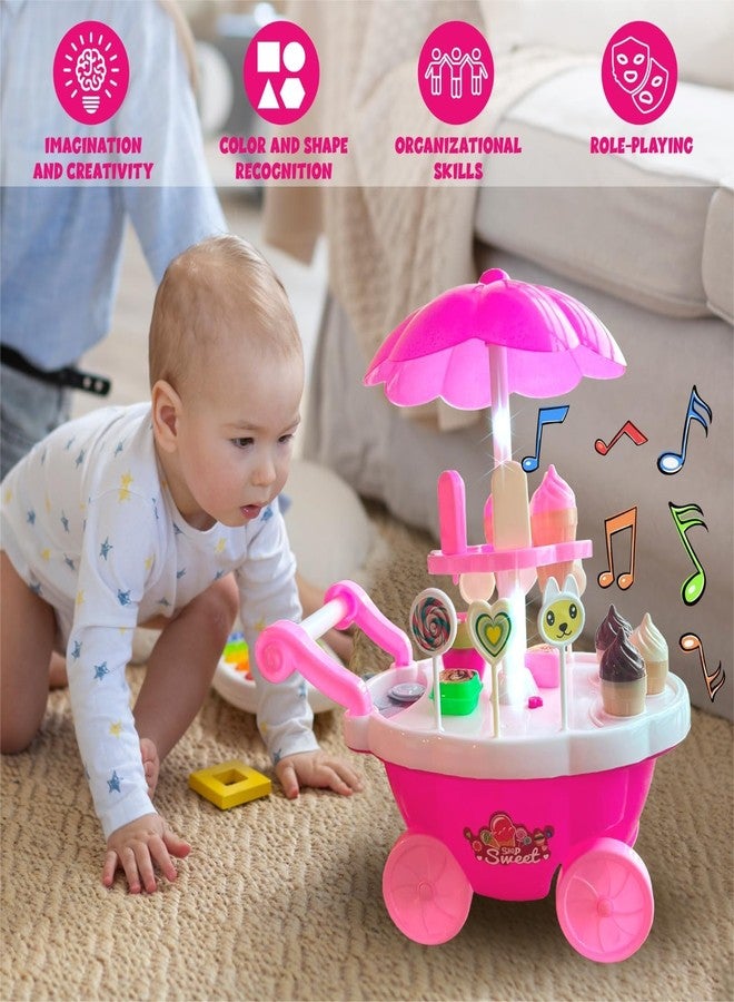 Niku Ice Cream Candy Trolley Cart Kitchen Set for Kids Girls | Pretend Play Set with Music and Lights Toys for Girls | Pink Colour | 30 Accessories - Image 2